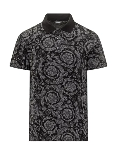 Versace Barocco Print Polo T-shirt In Grey