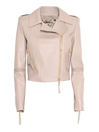 Elisabetta Franchi Leather Jacket With Stitched Profiles In Pink