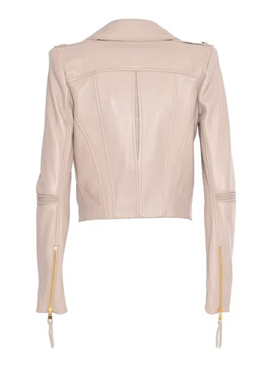 Elisabetta Franchi Leather Jacket With Stitched Profiles In Pink