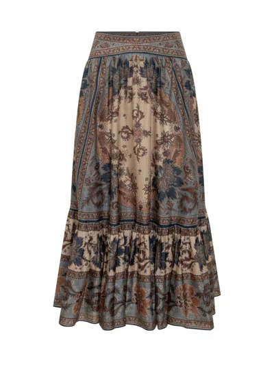 Zimmermann Womens Blue Cream Indienne Ascension Tiered Silk Midi Skirt Xs
