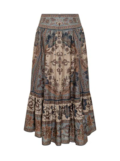 Zimmermann Womens Blue Cream Indienne Ascension Tiered Silk Midi Skirt Xs