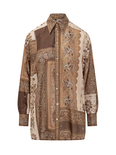 Zimmermann Lucky Brown Shirt With Classic Collar And All-over Floral Print In Silk Woman