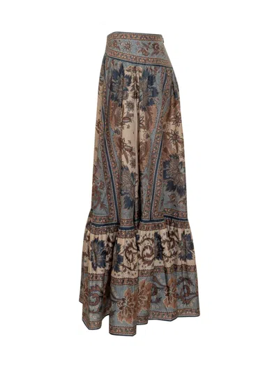 Zimmermann Womens Blue Cream Indienne Ascension Tiered Silk Midi Skirt Xs