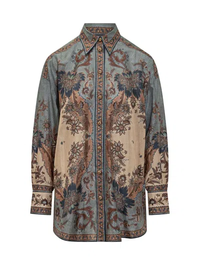 Zimmermann Womens Blue Cream Indienne Ascension Manstyle Graphic-pattern Silk Shirt In Green