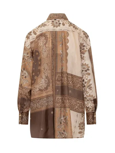 Zimmermann Lucky Brown Shirt With Classic Collar And All-over Floral Print In Silk Woman