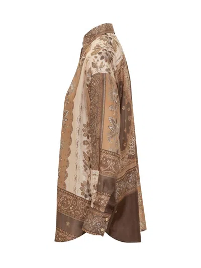 Zimmermann Lucky Brown Shirt With Classic Collar And All-over Floral Print In Silk Woman