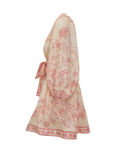 Zimmermann Lucky Pink Mini Dress With V Neck And All-over Floral Print In Linen Woman
