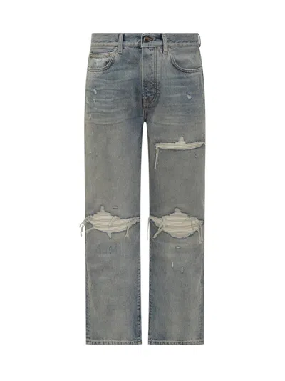 Amiri Straight Leg Mid-rise Distressed Trousers In Gray