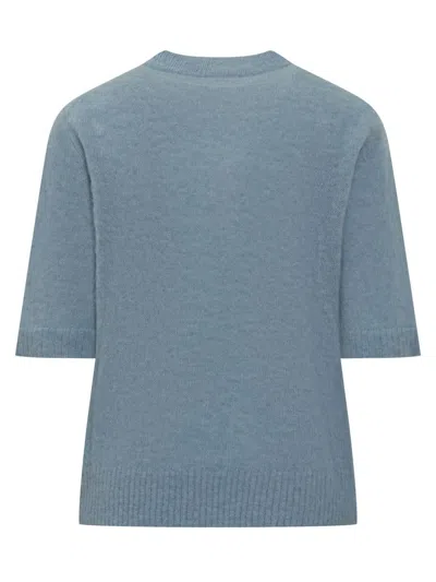 Ganni Light Blue Crewneck T-shirt With Maxi Logo Embroidery On The Front In Blue