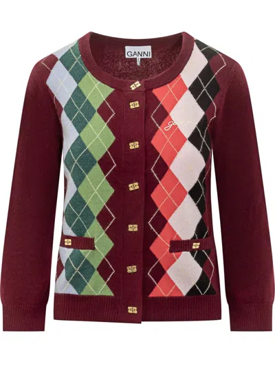 Ganni Womens Tawny Port Rhombus-print Round-neck Wool And Cashmere Cardigan Xl