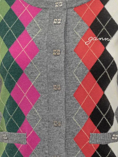 Ganni Womens Paloma Melange Rhombus-print Round-neck Wool And Cashmere Cardigan In Gray