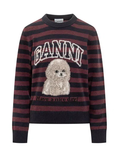 Ganni Graphic Wool Mix Poodle Stripe Crewneck Knitwear Multicolor In Black