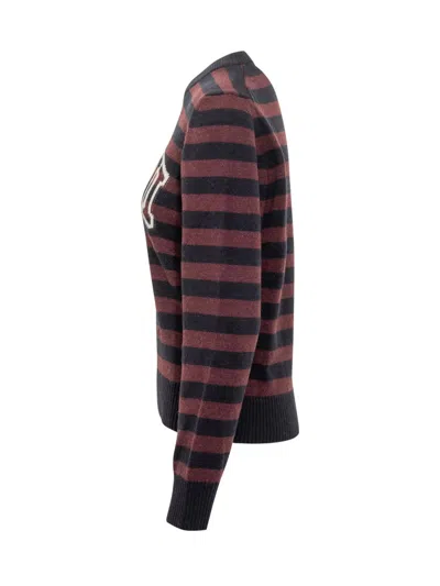 Ganni Graphic Wool Mix Poodle Stripe Crewneck Knitwear Multicolor In Black