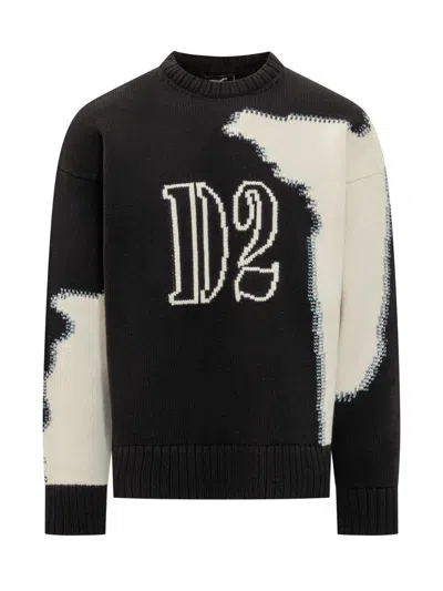 Dsquared2 Crew Neck Sweater With Bold Intarsia Pattern In Black
