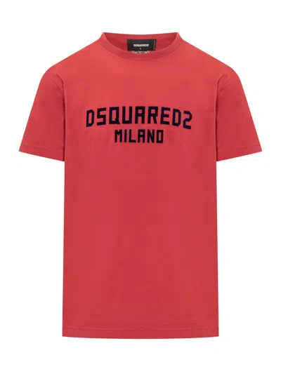 Dsquared2 Red Crewneck T-shirt With Logo Lettering On The Front