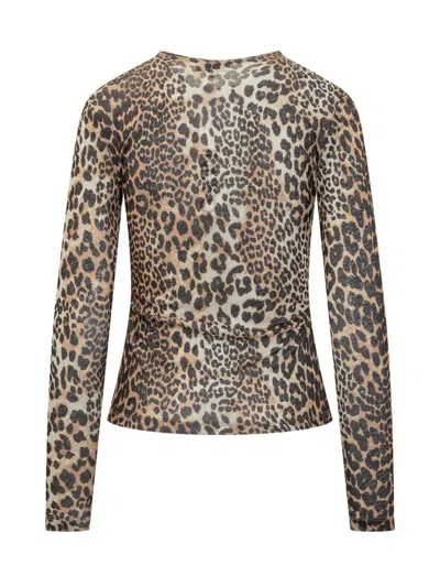 Ganni Leopard Print Long Sleeve Top With Textured Finish In Multi
