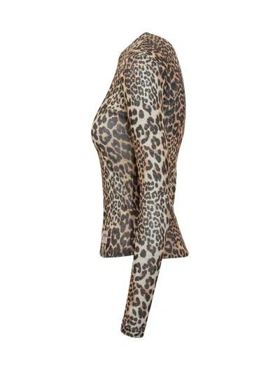 Ganni Leopard Print Long Sleeve Top With Textured Finish In Multi