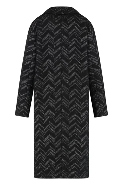 Missoni Chevron Pattern Wool Blend Coat With Long Sleeves In Black