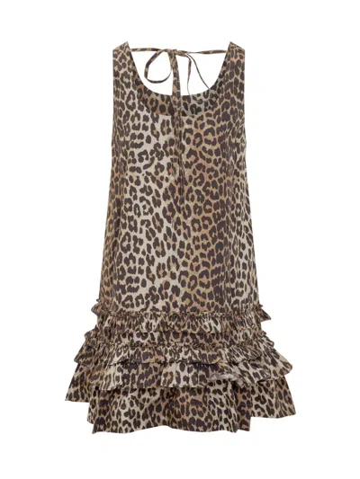 Ganni Brown Leopard Cotton Poplin Mini Dress In Brown