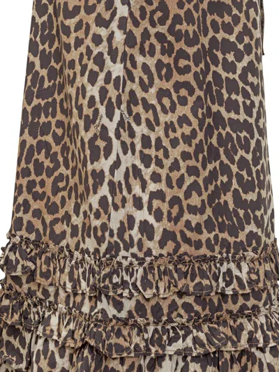 Ganni Brown Leopard Cotton Poplin Mini Dress In Brown