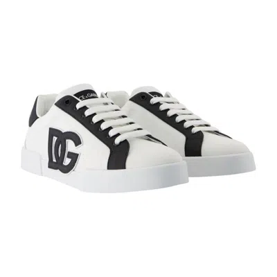 Dolce & Gabbana Portofino Light Strobel Sneakers In Canvas And Calfskin In White