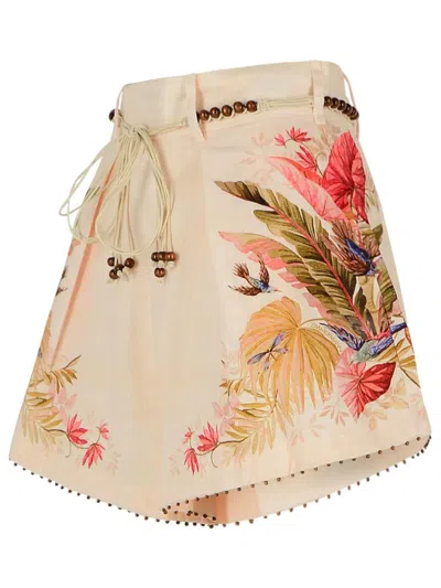 Zimmermann Tuck' Linen Pleated Shorts In 'cream Palm Floral' In Neutral