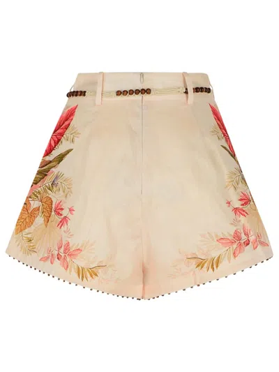 Zimmermann Tuck' Linen Pleated Shorts In 'cream Palm Floral' In Neutral