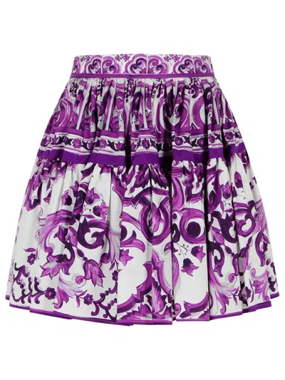 Dolce & Gabbana Short Skirt In Majolica Print Cotton Poplin In Purple