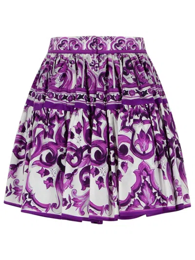 Dolce & Gabbana Short Skirt In Majolica Print Cotton Poplin In Purple