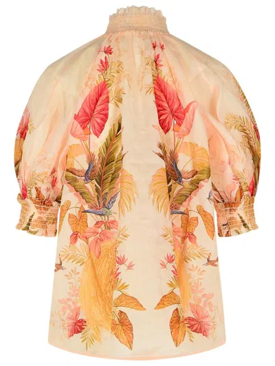 Zimmermann 'billow' Ramie Puff Sleeves Blouse In 'cream Palm Floral' In Orange