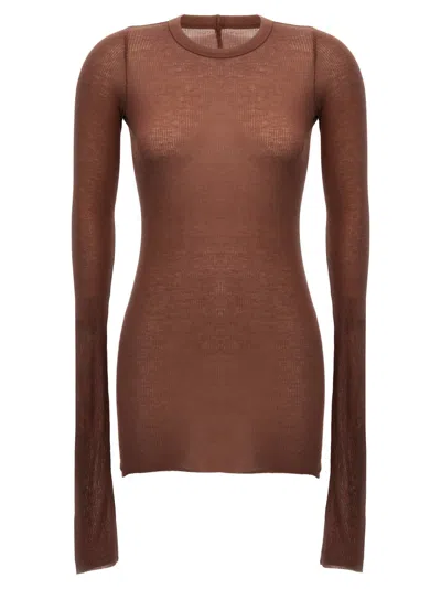 Rick Owens Ribbed Crew Neck Sheer Long Sleeve Top In Brown