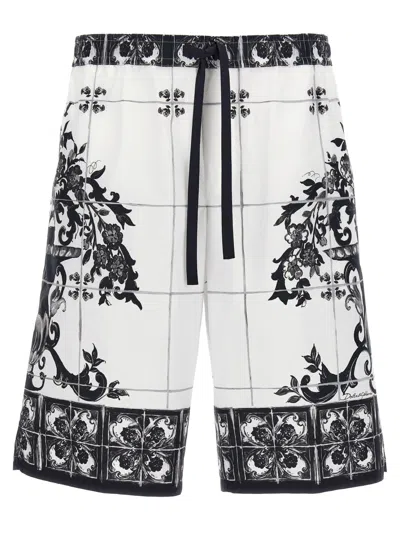 Dolce & Gabbana Monochrome Floral Elastic Waistband Knee Length Shorts In White
