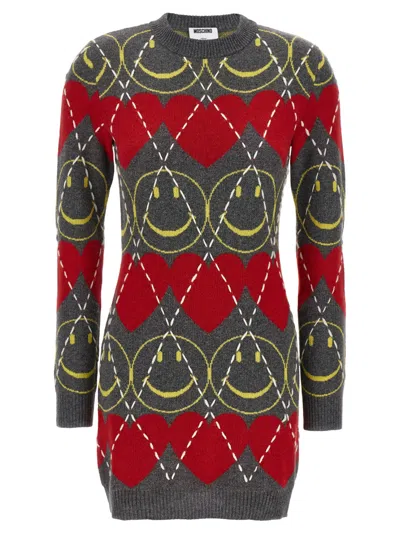 Moschino Crew Neck Long Sleeve Graphic Dress In Multi