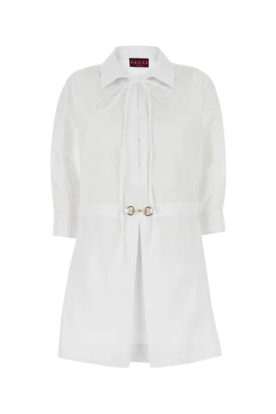 Gucci Women Cotton Poplin Shirt With Horsebit Hardware In White