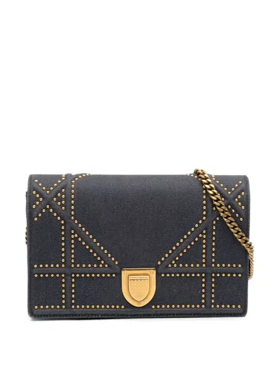 Pre-owned Dior 2017 Studded Denim Ama Wallet On Chain Crossbody Bag In Blue