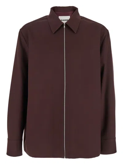 Jil Sander Bordeaux Shirt With Classic Collar And Front Zip Closure In Tech Fabric Man In Burgundy