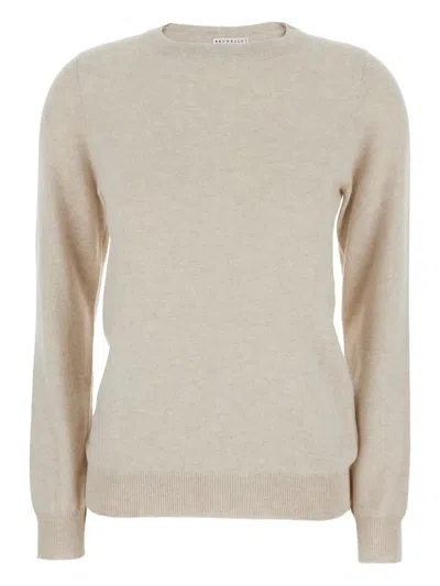 Brunello Cucinelli Beige Sweater With Round Neck In Cashmere Woman In Neutral