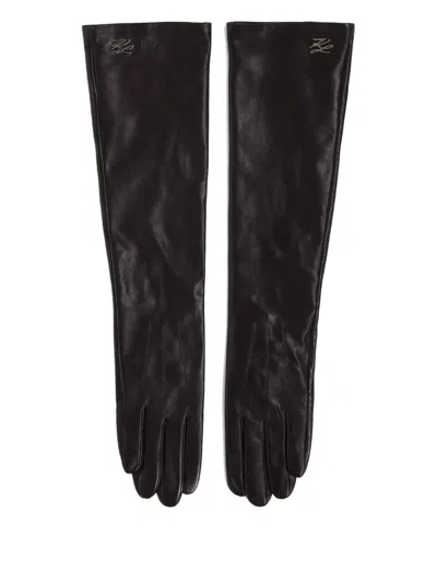 Karl Lagerfeld Autograph Leather Gloves In Black