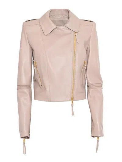 Elisabetta Franchi Leather Jacket With Stitched Profiles In Pink