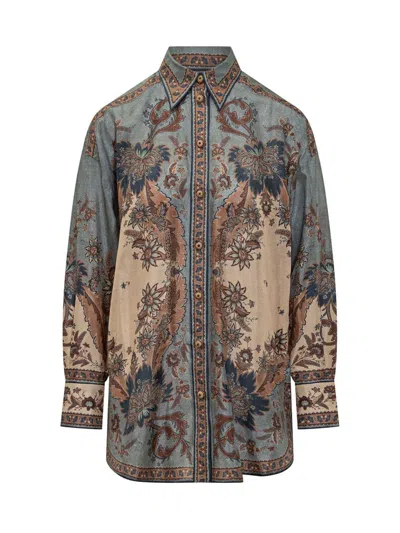 Zimmermann Womens Blue Cream Indienne Ascension Manstyle Graphic-pattern Silk Shirt In Green