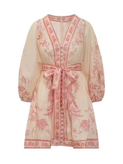 Zimmermann Lucky Pink Mini Dress With V Neck And All-over Floral Print In Linen Woman