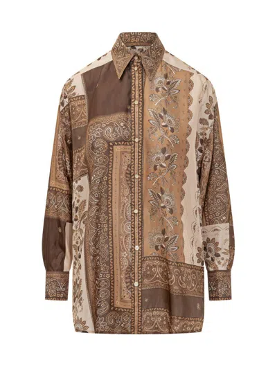 Zimmermann Lucky Brown Shirt With Classic Collar And All-over Floral Print In Silk Woman