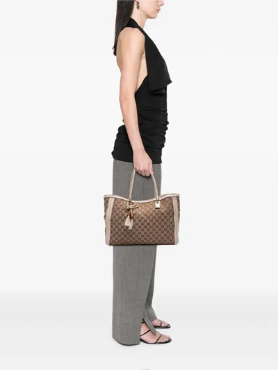 Pre-owned Gucci 2016-2025 Medium Gg Canvas Bella Tote Bag In Brown