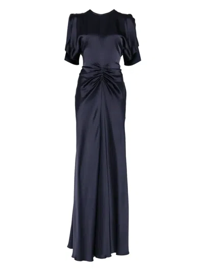 Victoria Beckham Navy Blue Long Dress With Gathered Waist In Blue