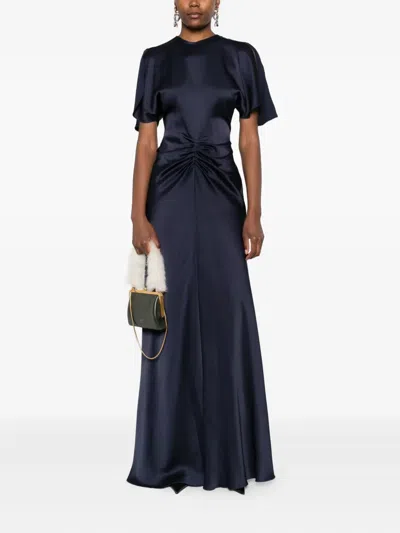 Victoria Beckham Navy Blue Long Dress With Gathered Waist In Blue