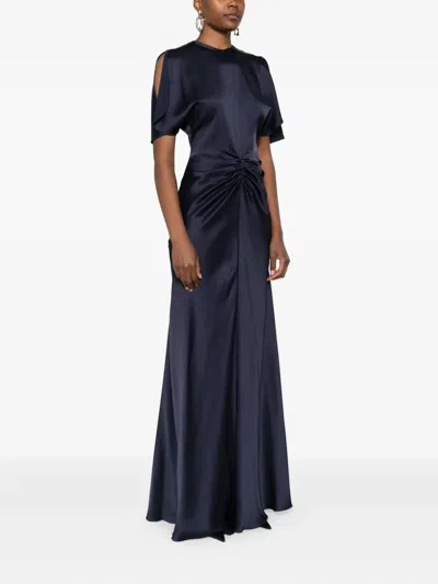 Victoria Beckham Navy Blue Long Dress With Gathered Waist In Blue