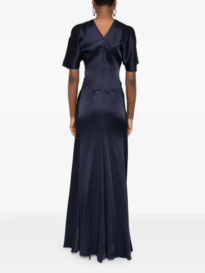 Victoria Beckham Navy Blue Long Dress With Gathered Waist In Blue