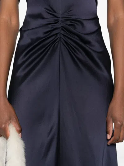 Victoria Beckham Navy Blue Long Dress With Gathered Waist In Blue