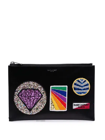 Pre-owned Saint Laurent 2016 Leather Multi Patch Zip Pouch Clutch Bag In Black