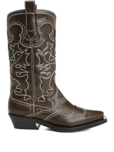 Ganni Mid Shaft Embroidered Western Boot Oleatex Boots Black In Multi